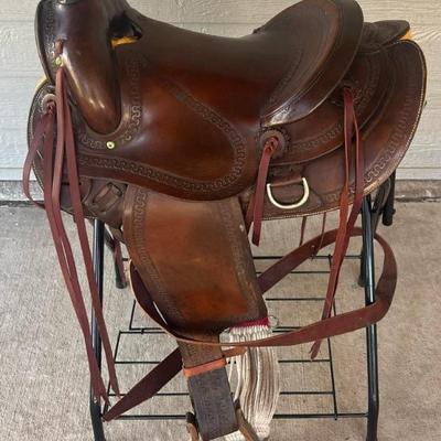 Vintage Adult Hand Tooled Leather Ranch Saddle With Stirrups And Cinch 