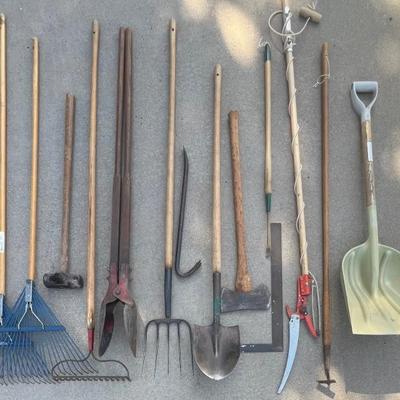 Hand Tool Lot - Double Sided Axe, Pole Saw, Rakes, Sledgehammer, Pitch Fork