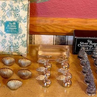 Card Holders - (8) Bombay Company Brass Shells , (6) Gold Tone Apples With Crate, (10) Silverplate Trees