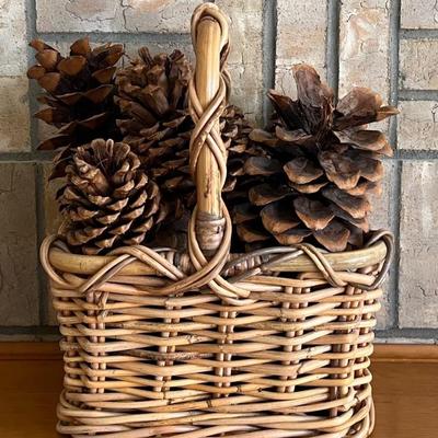 Vintage Handled Rattan Basket With Assorted Large Pinecones