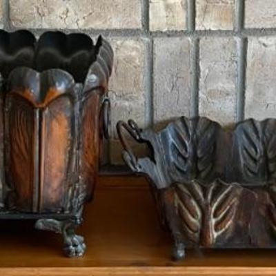 Pair Of Metal Copper Tone Baskets With Handles 