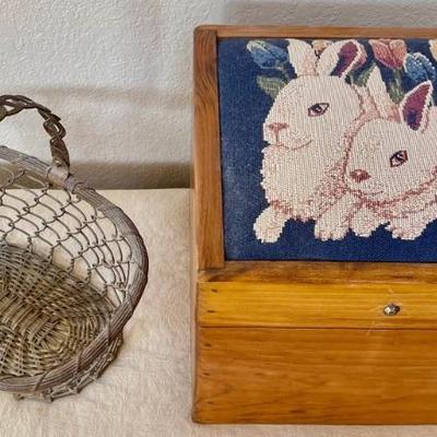 Vintage Tapestry Bunny Motif Wood Storage Box And Solid Brass Woven Basket 