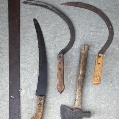 Vintage And Antique Tools - (2) Sickle, Hand Saw, Drywall Hatchet