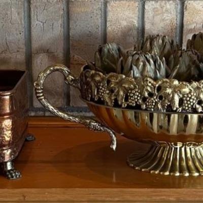 Solid Brass India Grape Motif Bowl With Faux Artichokes & Vintage Copper Footed Planted 
