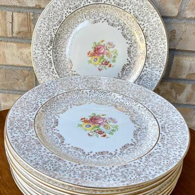 10 Vintage Homer Laughlin 22kt Gold Warranted Floral 11 Inch Dinner Plates 