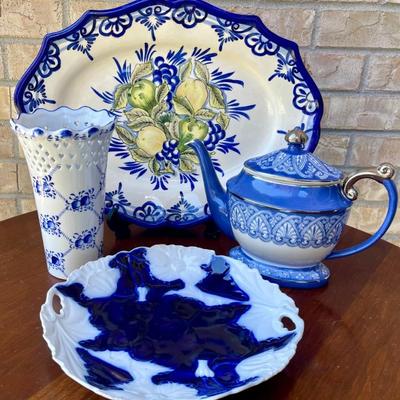 Tuscan Fruit Platter - Bombay Tea Pot - IFP Antique Handled  Plate And Blue & White Vase 