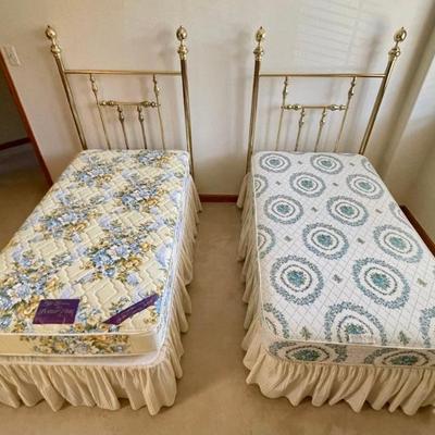 Pair Of Twin Vintage Brass Bed Frames With Bedding, Box Springs, And Mattresses