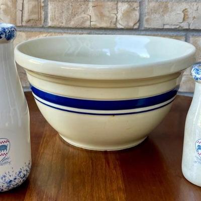 Roseville Ohio Blue Ring Stoneware Bowl 4 Qt., (2) BA Pottery Milk Jugs