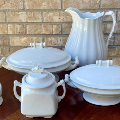 J & G Meakin Hanley England Ironstone China Serving PIeces - Casseroles - Pitcher & Sugar Bowl W Lid 