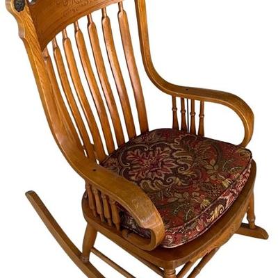 Antique Solid Oak Wood Press Spindle Back Rocking Chair With Metal Embellishments 