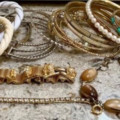 Large Lot Of Vintage Bangle Bracelets - Enamel, Silver Tone, Carved Bone, Rhinestone, And More