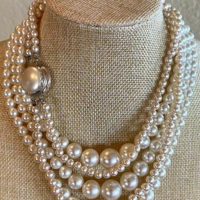 (2) Faux Pearl Necklaces - Sarah Coventry Double Strand & Hook Triple Strand 