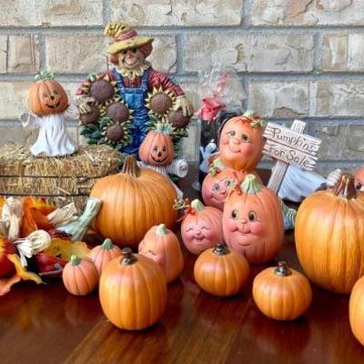 Vintage Buela Avery Halloween Ceramic Pumpkins & Scarecrow Holiday Decor 
