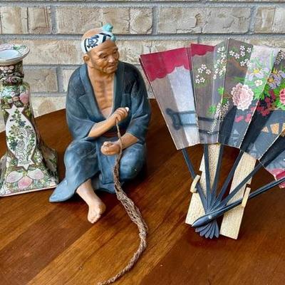 Hakata Urasaki Dolls Japan Fisherman Figurine, Pair Of Japan Candle Holders, Floral Fan With Stand