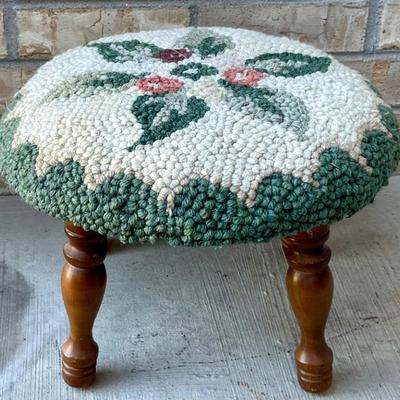 Vintage Punch Rug Top Stool W Wood Legs