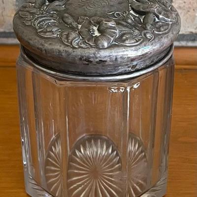 Antique Cut Glass Sterling Silver Repousse Lidded Dresser Jar - Lid Weighs 46 Grams (as Is)