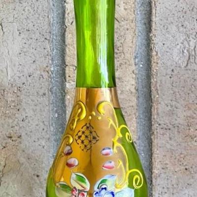 Vintage Bohemian Czech Hand Painted Glass Vase With Gold Rim 
