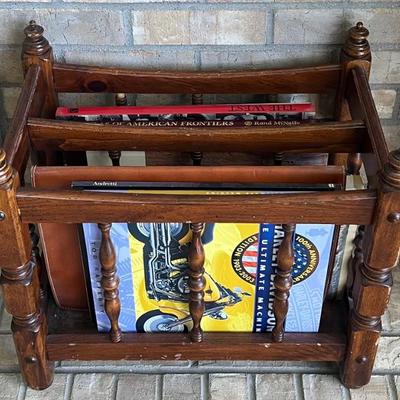 Vintage Wooden Canterbury Rack With Assorted Coffee Table Books - Monuments Of Rome, Egypt, Japan, Harley