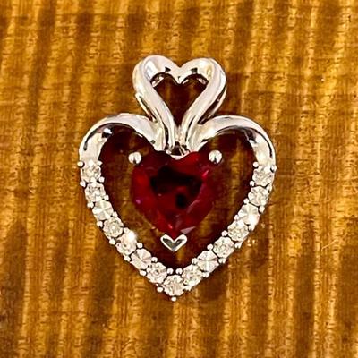Sterling Silver - Ruby And Clear Stone Heart Pendant - 3.5 Grams