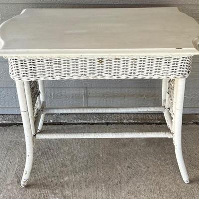 Vintage White Wicker Desk With Wood Top
