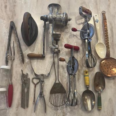 Vintage And Antique Kitchenware - Egg Beaters, Meat Grinders, Wood Handle Scoops, Tongs, Sad Irons 