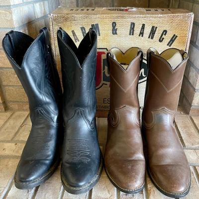 (2) Pairs Of Justin Leather Boots - Black Size 12 EE, Brown Size 12 D