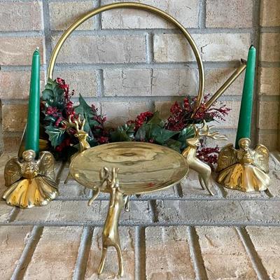 Brass Lot - Candle Tray With Deer, (2) Solid Brass Ihi Angel Candle Holders, Brass Horn And Holiday Greenery