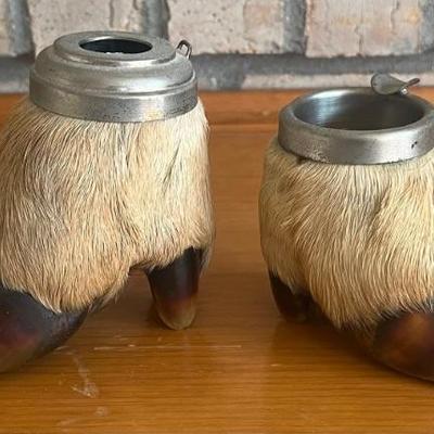 Pair Of Vintage 1950's Taxidermy Hoof Ashtray And Candle Holder