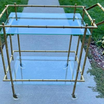 1960's Hollywood Regency Faux Bamboo Brass Bar Cart With 2 Glass Shelves And  Castors 
