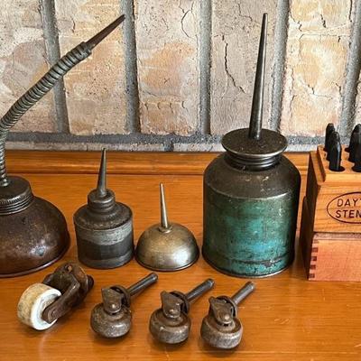 Vintage And Antique Oil Small Spouts, Porcelain And Metal Casters, Dayton 0-9 Punch Set