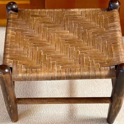 Antique Woven Flat Reed And Wood Stool 