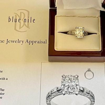 Stunning Blue Nile 3 Carat Cushion Brilliant Cut Diamond  & Platinum Ring Size 5.5 With Receipt & Appraisal