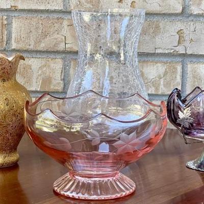 Brama England Purple Glass Compote W Metal Base, Crackle Vase - Etched Floral Depression Glass Bowl, Gold Vase