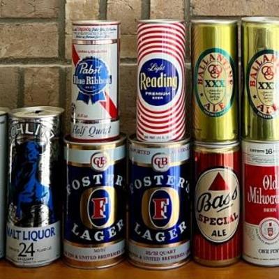  Vintage Collectible Tall Boy Beer Cans - Schlitz, Foster, PBR, Reading, Ballantine, Falstaff, And More