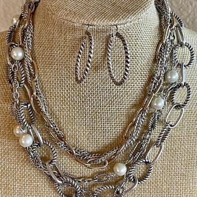 Aigner Vintage Chain Link Necklace & Silver Tone Necklace W Matching Earrings 