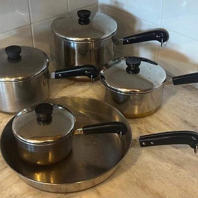 Revere Ware Copper Bottom Stainless Lidded Pots & Skillet 
