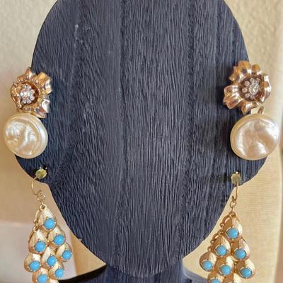 3 Pairs Of Vintage Earrings - Premiere Blue & Gold Drop Wire & Richelieu Faux Pearl - Rhinestone Clip On