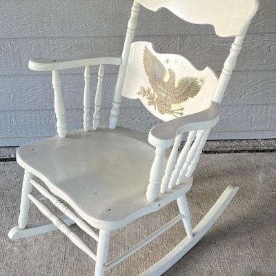 Vintage Wooden Spindle Back Rocker With Eagle Decal (as Is)