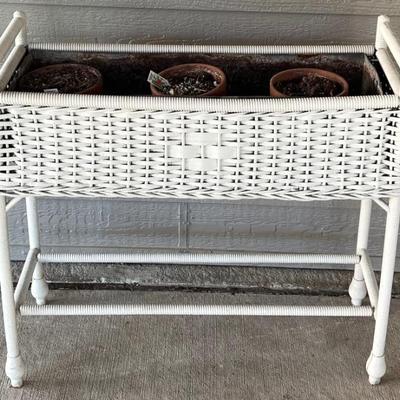 Vintage White Wicker Planter With Metal Insert And Terracotta Pots