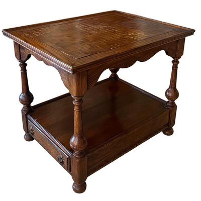 Vintage Ethan Allen Royal Charter Parquet Top Single Drawer Side Table