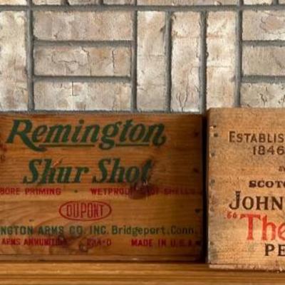 (3) Vintage Wooden Boxes - Remington 12ga Shurshot, John Dewar & Son's Whiskey, Homer Alaska Wild Berry 