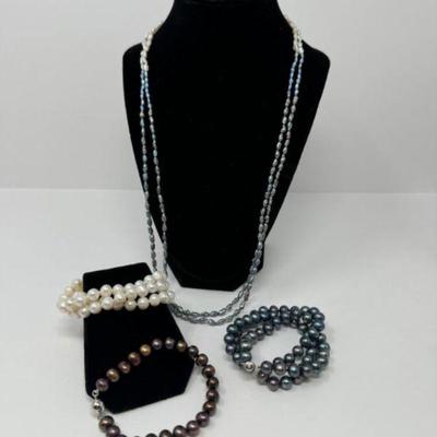 Two - Strand Rice Pearl Necklace + Freshwater Pearl Sterling Bracelets	