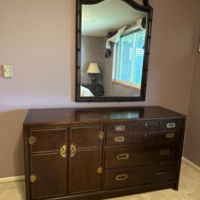 Vintage Campaign Style Credenza w/ Carved Faux Bamboo Mirror	