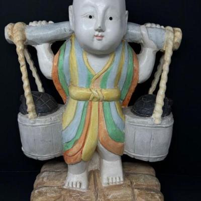 Hand-Carved Resin/Plaster Statue of a Child Carrying Buckets	