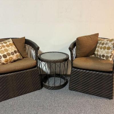 Pair of Wicker Patio Chair w/ Cushions + Matching Side Table	