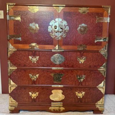 Vintage Oriental Asian Campaign Chest of Drawers w/ Brass Hardware	