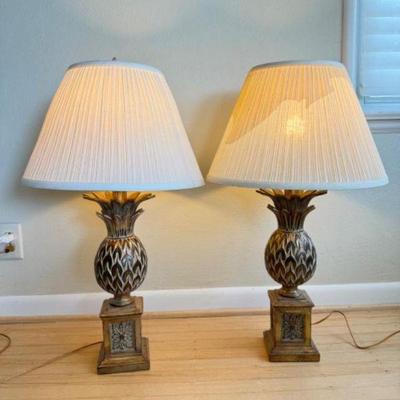 Pair of Vintage Metal Pineapple Table Lamps w/ Pleated Shades	