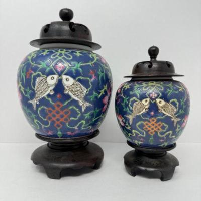 Pair of Hand Painted Hong Kong Blue Ginger Jar on Stand	
