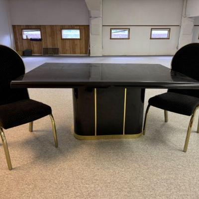 Leaf Desk w/ Black Finish & Gold Trim + 2 Brass & Velvet Dining Chairs	