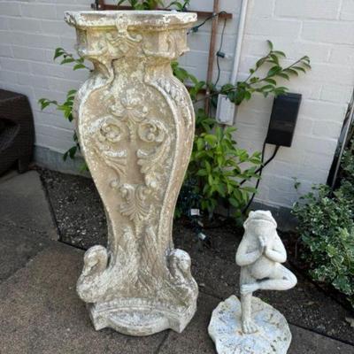 Plaster Pedestal Plant Stand w/ Swans in Scrollwork + Frog Yoga Figure	